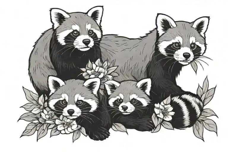 Mother Red Panda And 3 Baby Red Panda In Flower Bed Cartoonized