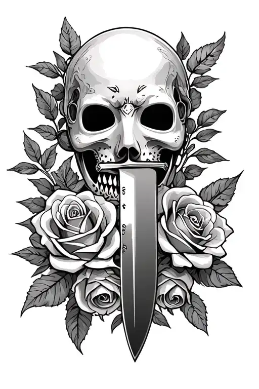 Mask Holding A Knife Surrounded By Roses Intertwined