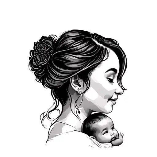 Mom And Baby Side Profile Minimalist In Line Art Style