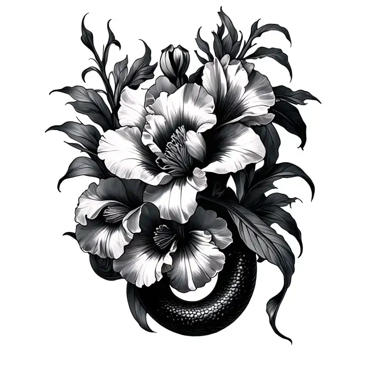 Ball Boa And Iris Flowers Intertwined