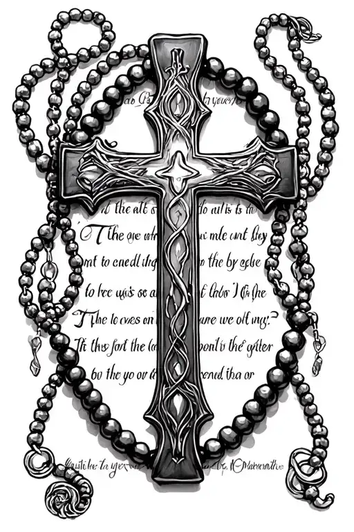 Cross With Beaded Necklace Around It Behind Bible Verse On Forearm