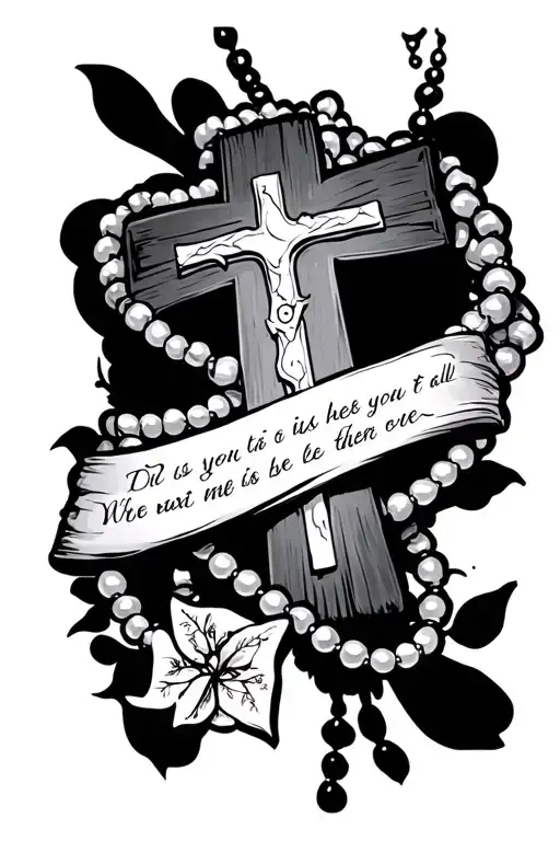 Cross With Beaded Necklace Through It With A Bible Verse On Top Of It On Forearm