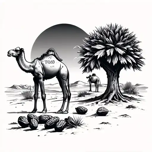 Camel And Dates Tree In Desert Landsccape With The Word In God We Trust