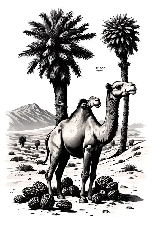 Camel And Dates Tree In Desert Landsccape With The Writing In God We Trust