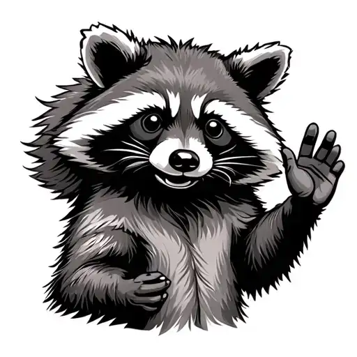American Traditional Raccoon Standing With Hands Up