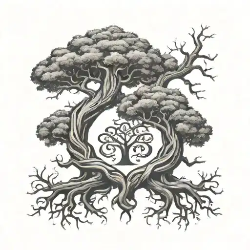 Two Trees With Intertwined Roots And Initials Carved
