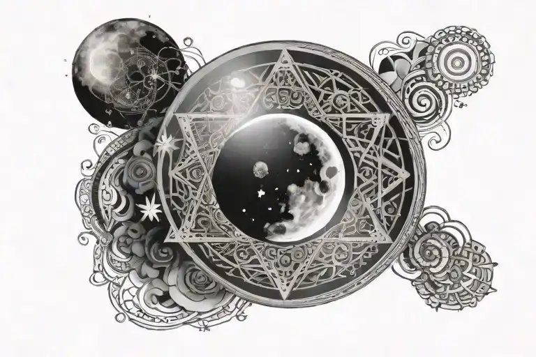 Moon With Sacred Geometry And Black And White With Patterns And Decorations And Flourishes