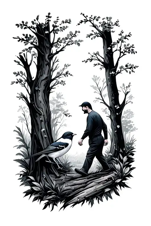 Wagtail With Dad Walking Through Woodland Scene