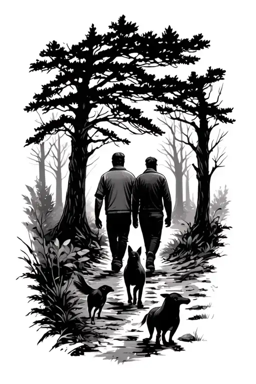 Wagtail With Dad Walking Away With Dog Through Woodland Scene