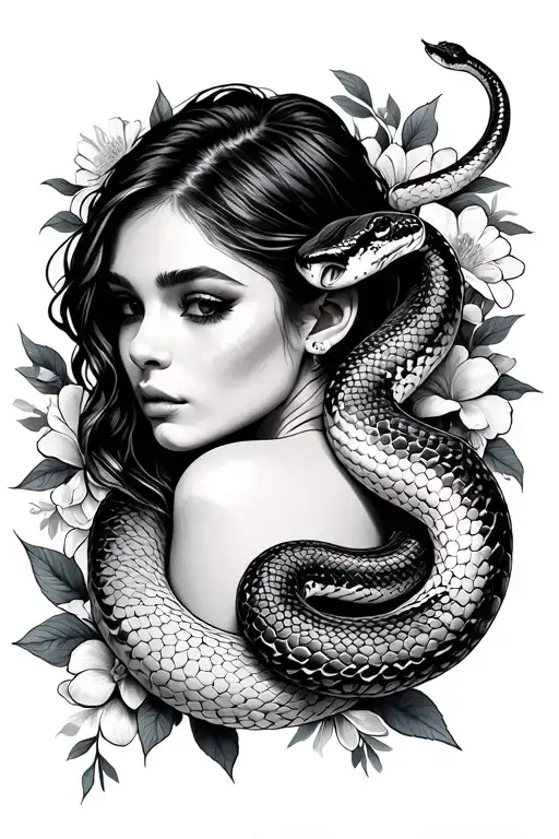 Woman Looking Over Shoulder With Snake Wrapped Around Surrounded By Feminine Floral