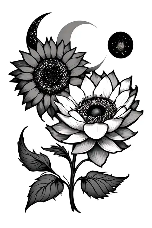 Sunflower And Lotus Flower And Poppy Flower With Sun And Moon