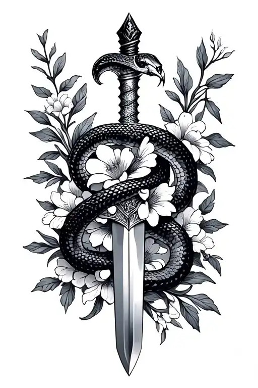 Dagger With Snake Wrapped With Flowers Surrounding