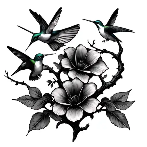 Twisted Branch With 3 Flowers And 3 Hummingbirds