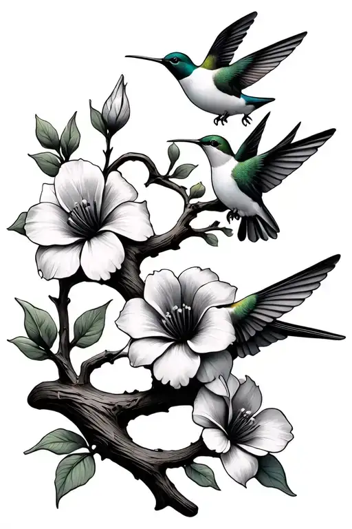 Twisted Branch With 3 Flowers And 3 Hummingbirds