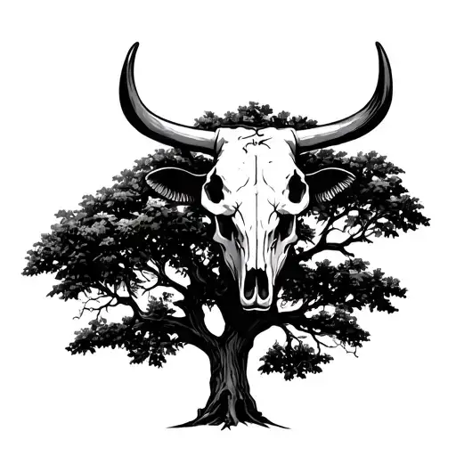 Cow Skull Leaning Under A Tree