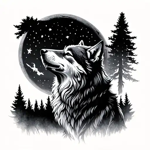 Wolf Howling At Moon In Forest Native Style