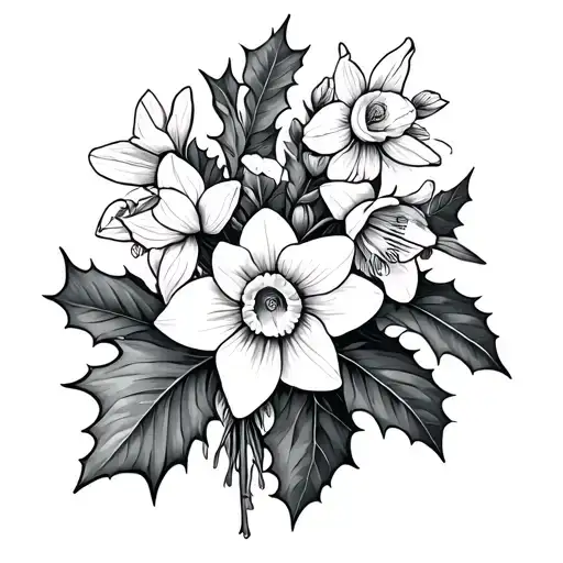 Holly And Narcissus Flower Bouquet