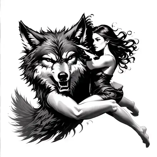 An Angry Wolf Chasing Vertically A Woman On Mens Forearm
