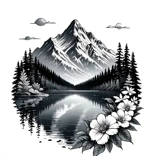 Mountain And A Lake Mixed With Flowers