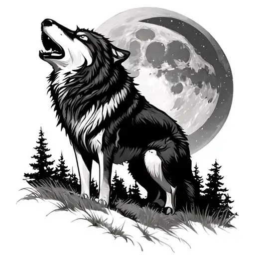 Mean Looking Wolf Howling At Moon In Forest