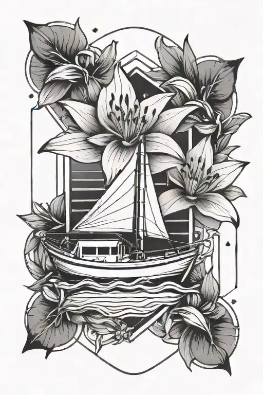 Geometric Line Tattoo With Boat And Lily Flower