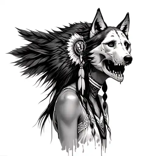 An Indigenous Woman With A Wolf Skull On Her Head