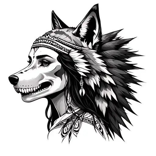 An Indigenous Woman With A Wolf Skull On The Top Of Her Head