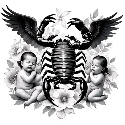 Scorpion Underbust Tattoo Beside 3 Angel Babies And Floral Background