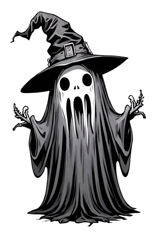 Cute Ghost With Witch Hat No Background Black And White