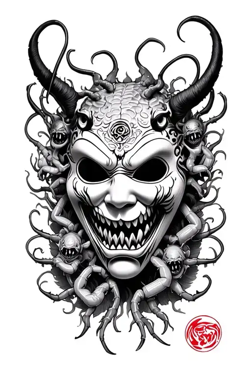 Japanese Mask With Scary Centepide Crawling On The Mask