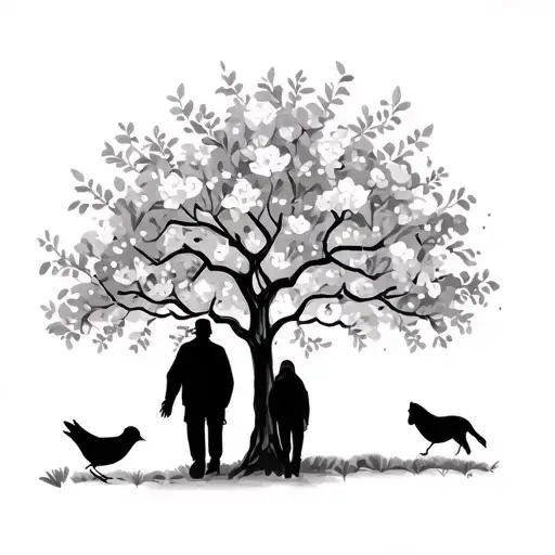 Blossem Tree With 2 Robbin Brids Together With My Nan And Grandad Walkint Together