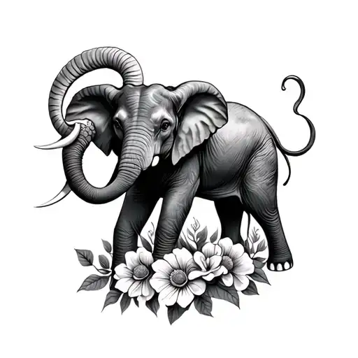 Elephant And Ram Surrounded By Flowers