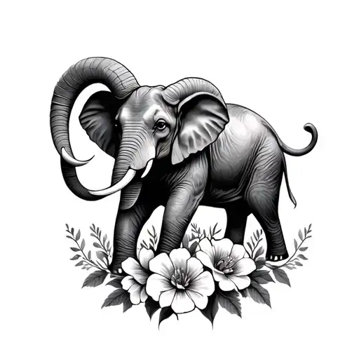 Elephant And Ram Head Surrounded By Flowers