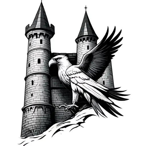 Medieval Towers With A Eagle Silver Background And Black On Edges Od Towers And L9go