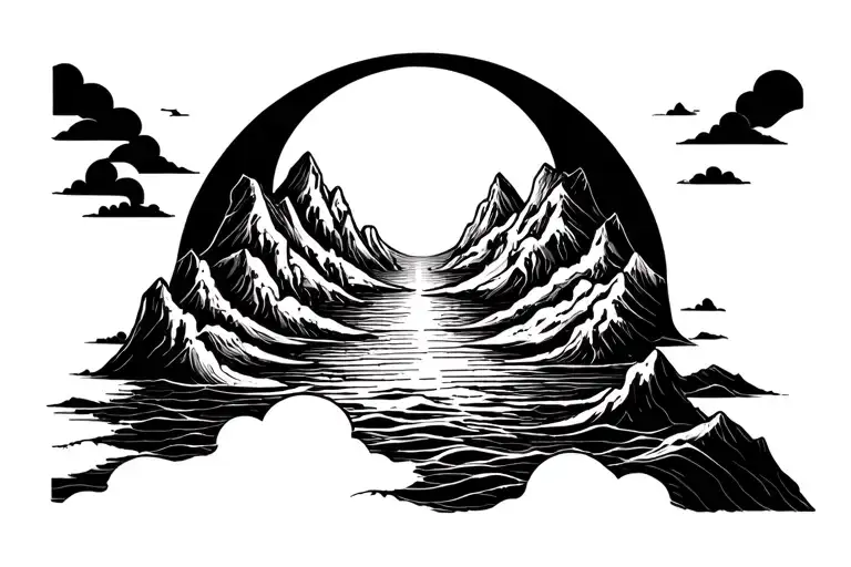 Sun Moon Mountains Ocean Line Drawing
