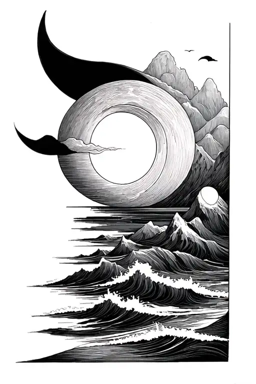 Sun Moon Mountains Ocean Fine Line Drawing