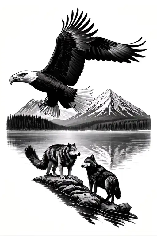 Lake And Mountains Wolves And Bald Eagle Soaring