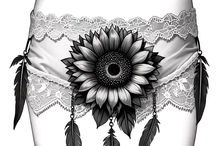 Lace Garter With A Sunflower With Feathers Dangling From The Lace
