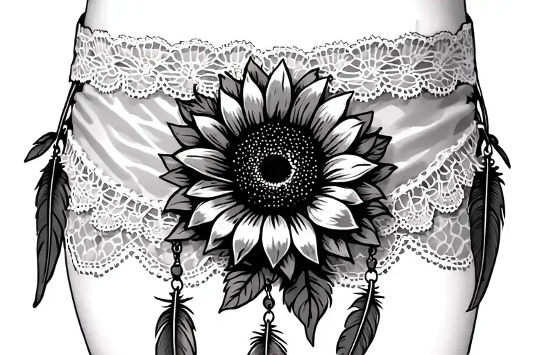 Vine Garter With A Sunflower With Feathers Dangling From The Lace