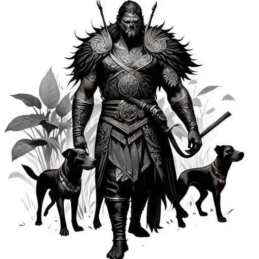 Warrior In A Garden With Dogs Standing Guard
