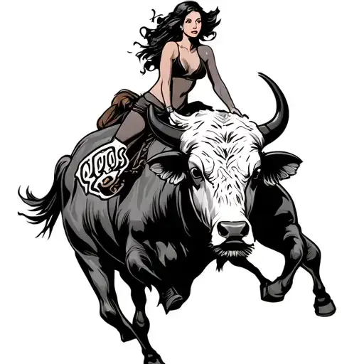 Women Riding Bull With Qos Logo