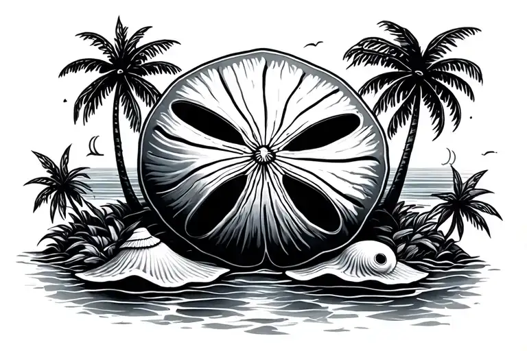 Seashell Sand Dollar Between Palm Trees