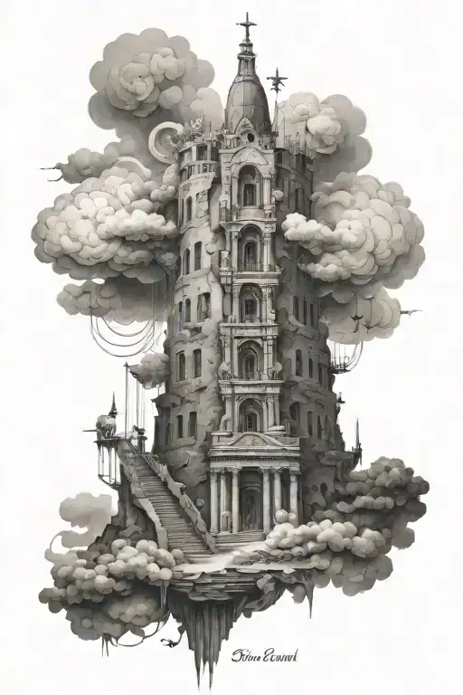 Babel Tower With A Harp In Heaven