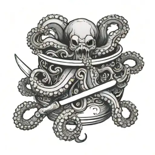 Pissed Off Octopus's In A Bowl Holding A Knife And Fork