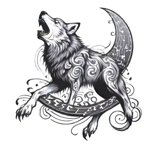 A Dynamic Tattoo Featuring A Wolf Howling At A Moon Made Of Musical Notes