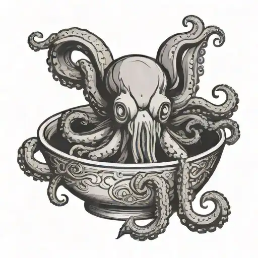 Pissed Off Octopus In A Bowl Holding Kitchen Utensils