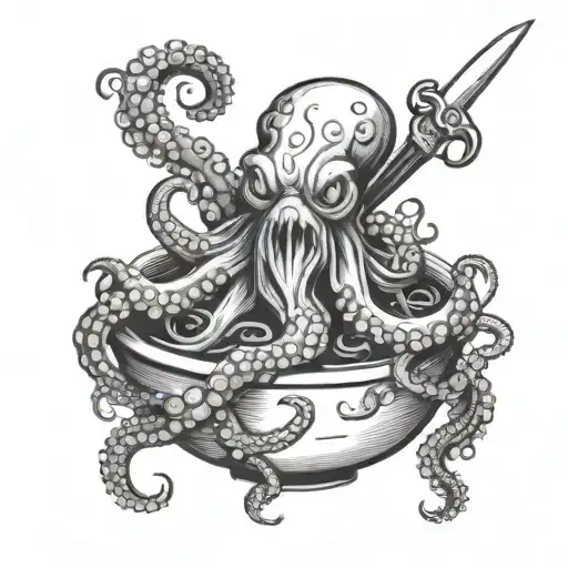 Pissed Off Octopus In A Bowl Holding A Kitchen Knife And A Fork