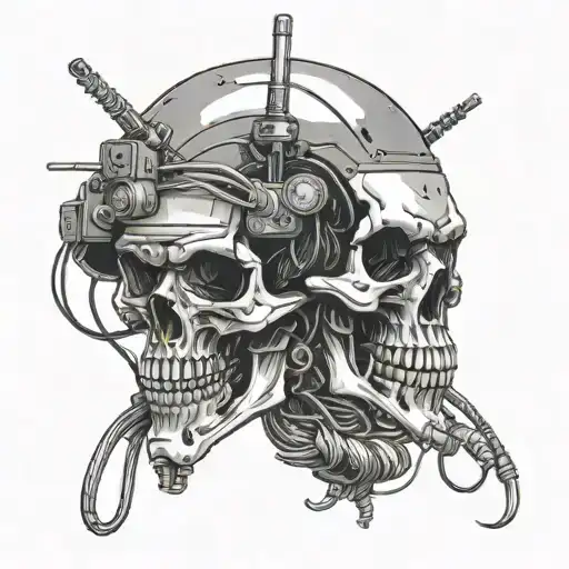 Cyberpunk Skull With Wires Wearing A Vietnam Styled Helmet