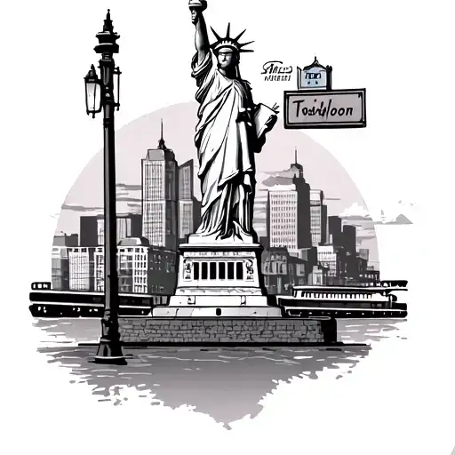 Statue Of Liberty And Train And Street Signs And Buildings