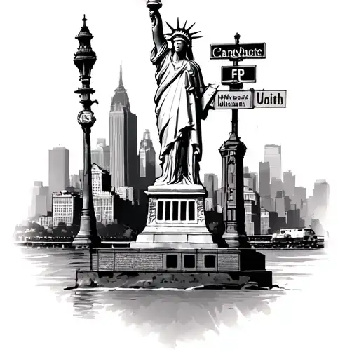 Statue Of Liberty And Train And Street Signs And Buildings